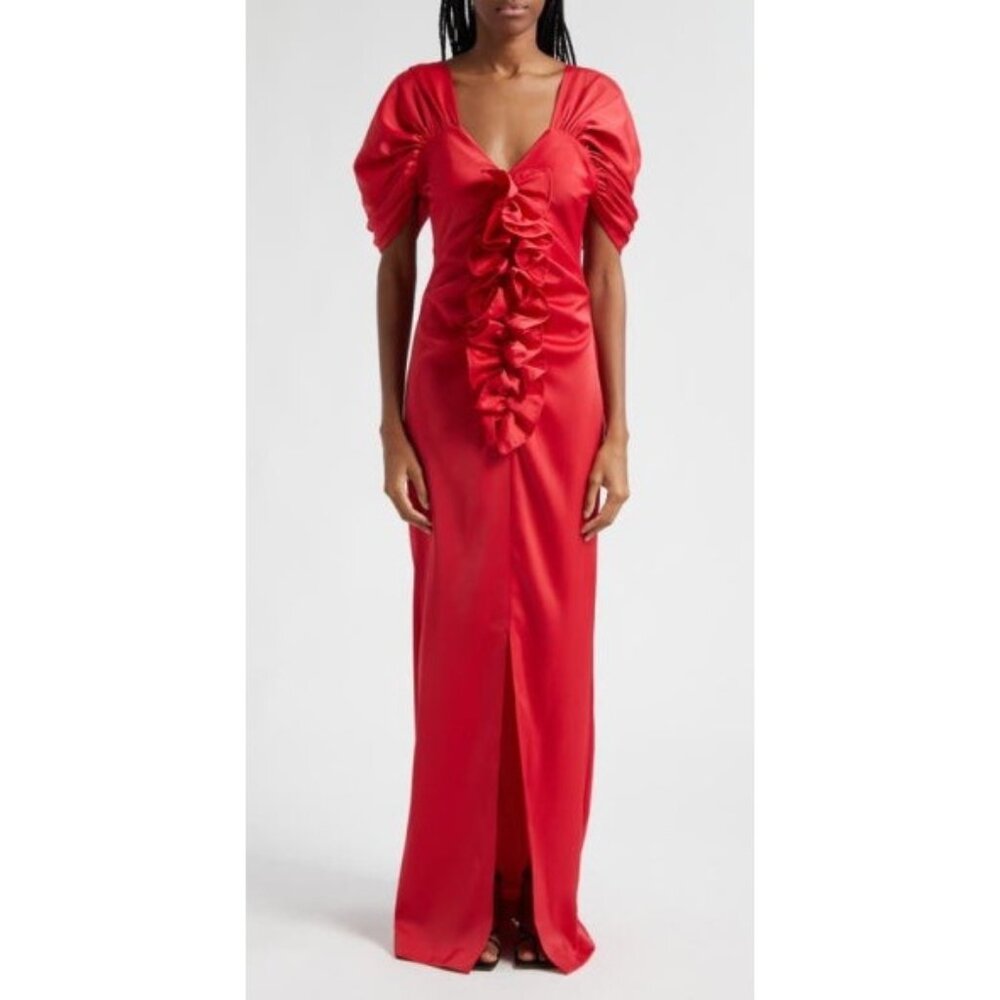 ORIRE Suss Ruched Sleeve Ruffle red Satin gown maxi Dress size 6